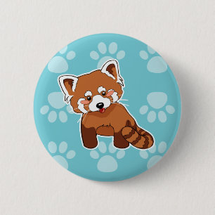 Cute Red Panda on Blue Paw Prints Pattern 6 Cm Round Badge