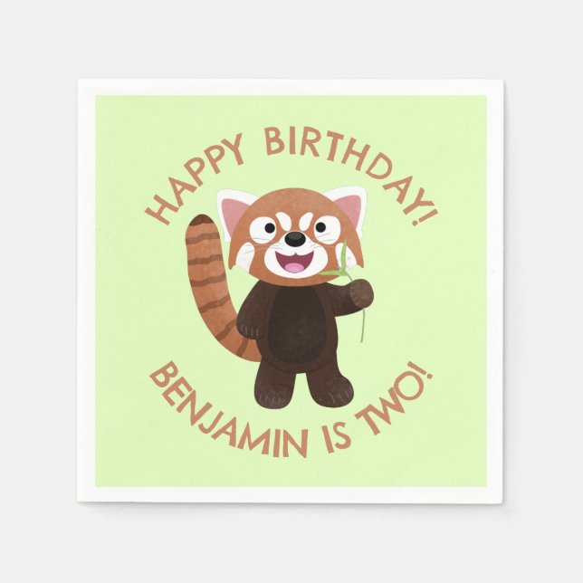 Cute red panda personalised cartoon birthday napkin (Front)