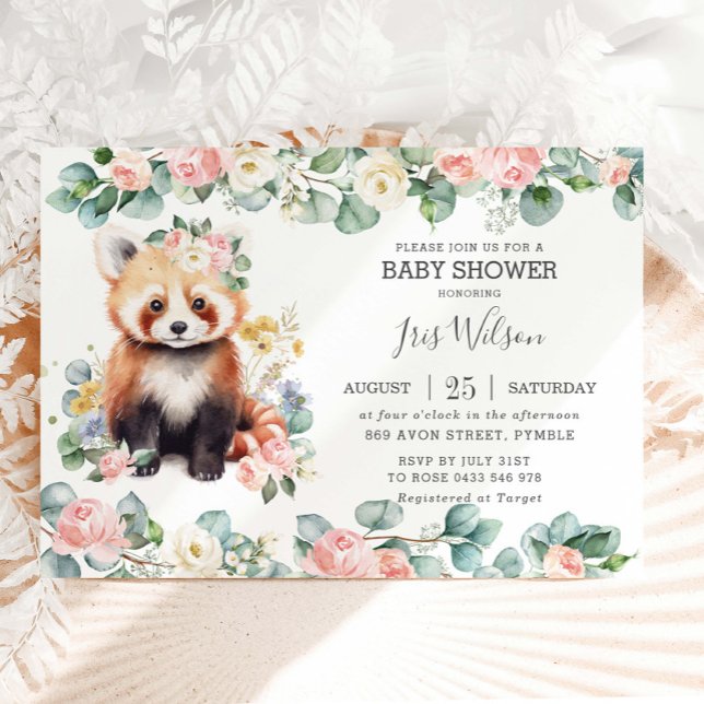 Cute Red Panda Pink Floral Greenery Baby Shower Invitation (Creator Uploaded)