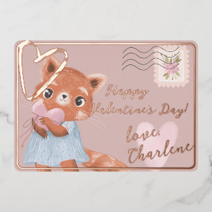Cute Red Panda Postal Letter Valentine's Day Pink Foil Holiday Card