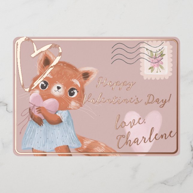 Cute Red Panda Postal Letter Valentine's Day Pink Foil Holiday Card (Front)