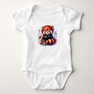 Cute Red Panda with Flowers Kawaii Forest Animal Baby Bodysuit