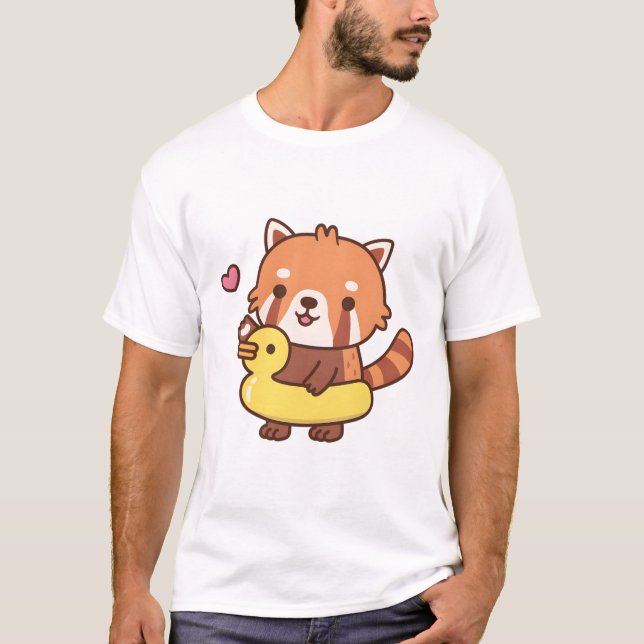 Cute Red Panda With Yellow Duck Pool Float Summer T-Shirt (Front)