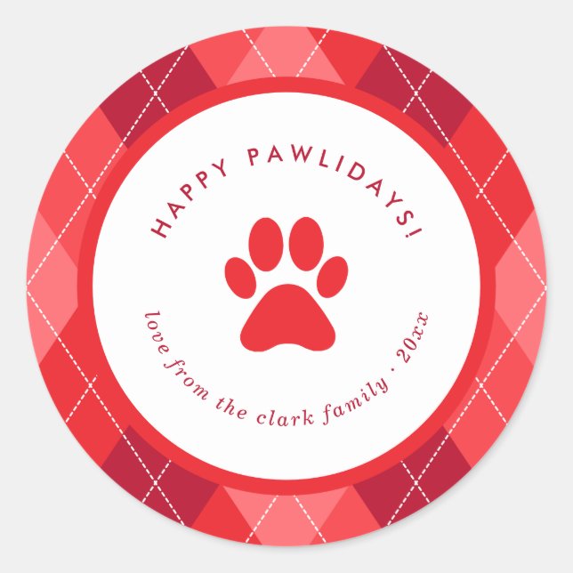Cute Red Paw Print Happy Pawlidays Christmas Classic Round Sticker (Front)