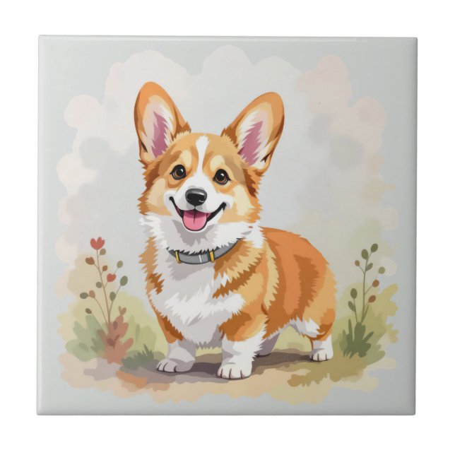 Cute Red Pembroke Welsh Corgi Dog Ceramic Tile (Front)