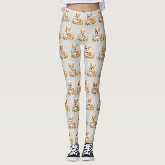 Cute Red Pembroke Welsh Corgi Dog Leggings (Front)