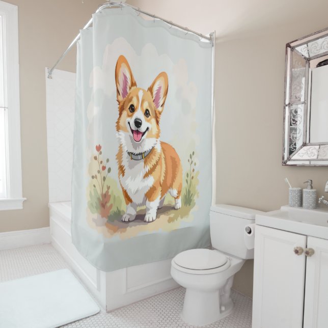 Cute Red Pembroke Welsh Corgi Dog Shower Curtain (In Situ)