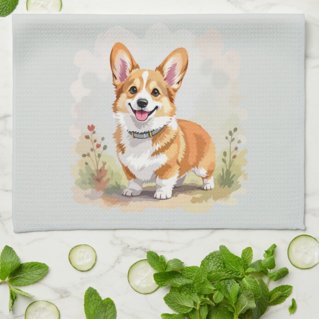 Cute Red Pembroke Welsh Corgi Dog Tea Towel (Folded)