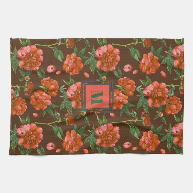 Cute Red Peonies Blooming Flowers Pattern Monogram Tea Towel (Horizontal)