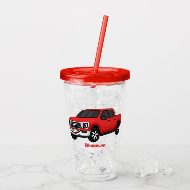 Cute red pickup truck cartoon illustration acrylic tumbler (Back Ice)