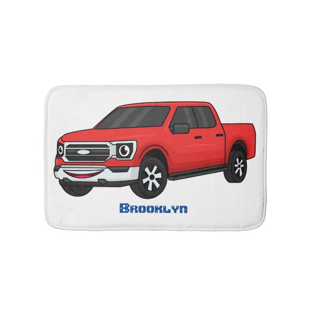 Cute red pickup truck cartoon illustration bath mat (Front)