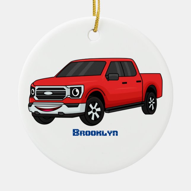 Cute red pickup truck cartoon illustration ceramic ornament (Front)