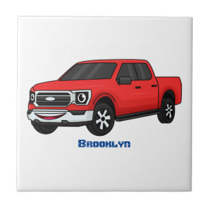 Cute red pickup truck cartoon illustration ceramic tile