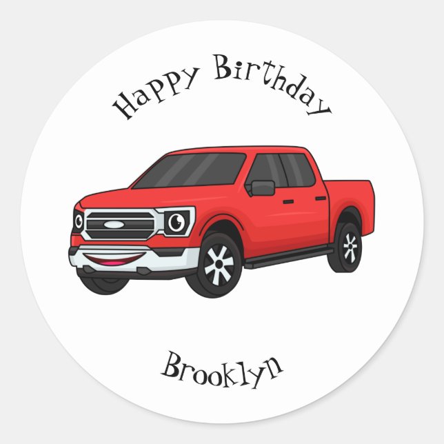 Cute red pickup truck cartoon illustration classic round sticker (Front)
