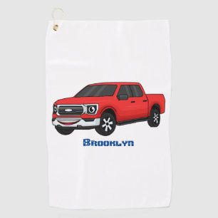 Cute red pickup truck cartoon illustration golf towel