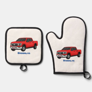 Cute red pickup truck cartoon illustration oven mitt & pot holder set