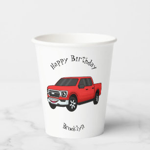 Cute red pickup truck cartoon illustration paper cups