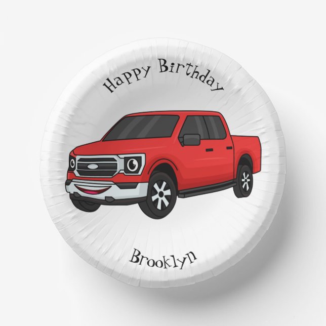 Cute red pickup truck cartoon illustration  paper plate (Front)