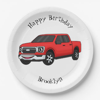 Cute red pickup truck cartoon illustration paper plate