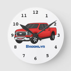 Cute red pickup truck cartoon illustration round clock