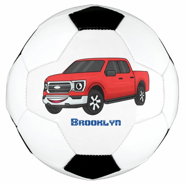 Cute red pickup truck cartoon illustration soccer ball (Front)