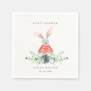 Cute Red Pink Bunny Garden Foliage Baby Shower Napkin