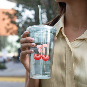 Cute Red & Pink Cherry Heart Bow Acrylic Tumbler