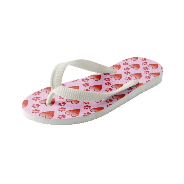 Cute Red & Pink Hearts and Paw Prints Animal Love Kid's Thongs (Angled)