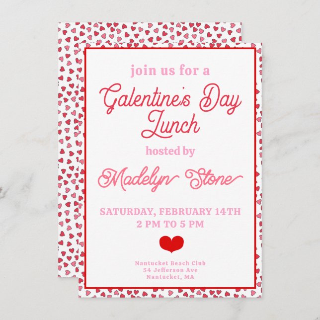 Cute Red & Pink Hearts Galentine's Day Lunch Invitation (Front/Back)