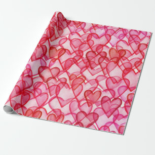 Cute red pink hearts watercolor pattern wrapping paper