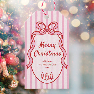 Cute Red Pink Stripes & Bow Christmas Gift Tags