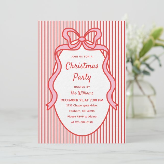 Cute Red Pink Stripes & Bow Frame Christmas  Invitation (Standing Front)