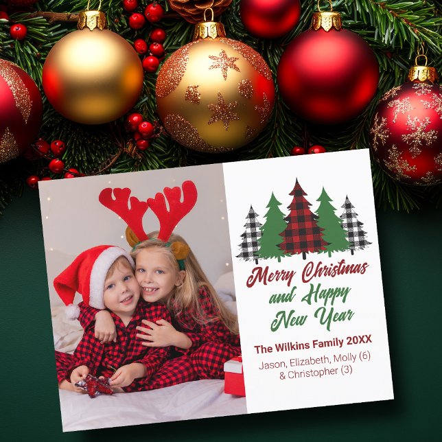 Cute Red Plaid Christmas Trees Family Photo Holiday Card (Creator Uploaded)