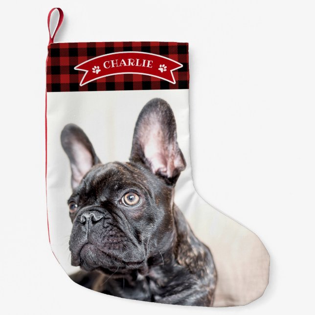 Cute Red Plaid Festive Custom Photo Pet Dog Small Christmas Stocking (Front)