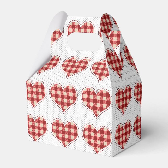 Cute Red Plaid Hearts and Dots Pattern Favour Box (Front Side)