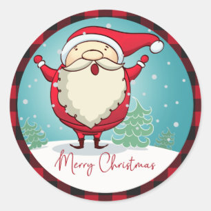 Cute Red Plaid Merry Christmas Santa Claus Holiday Classic Round Sticker