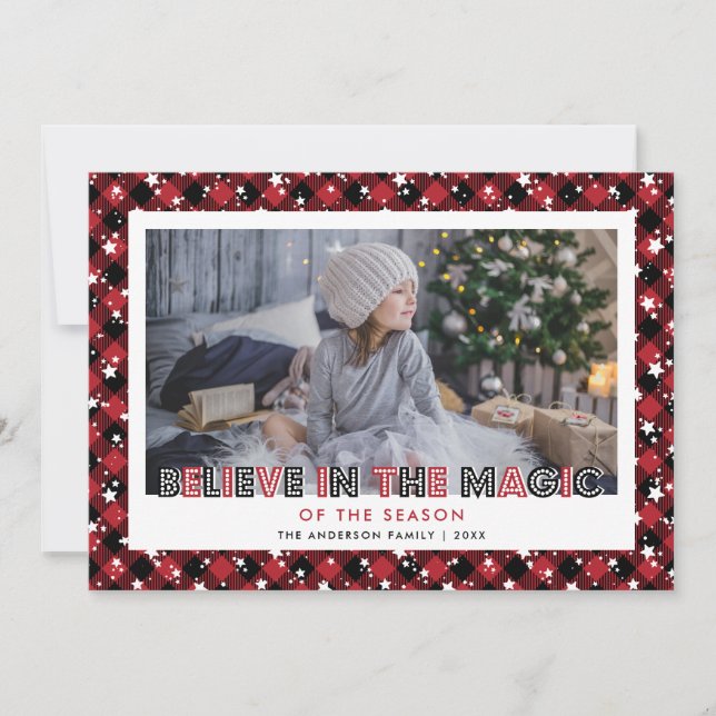 Cute Red Plaid Stars Snow Photo Holiday Card (Front)