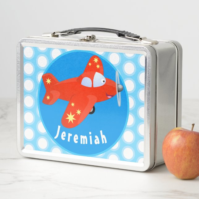 Cute red plane flying cartoon illustration metal lunch box (In Situ)
