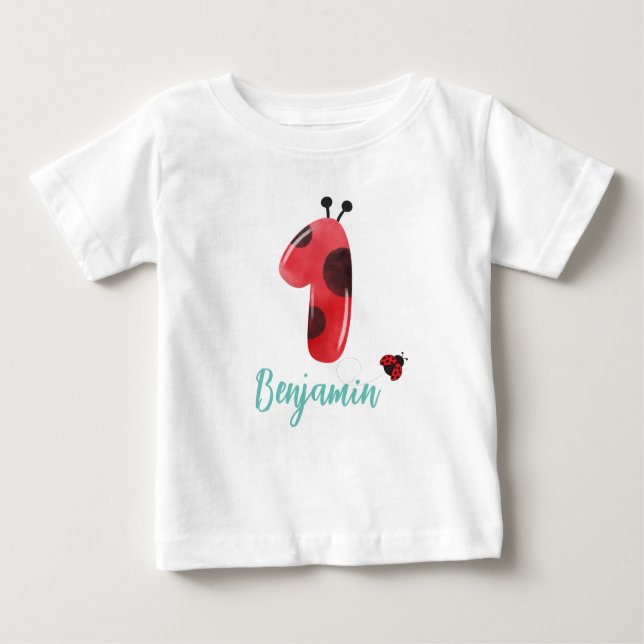 Cute red Polka dot Ladybug 1st Birthday party name Baby T-Shirt (Front)