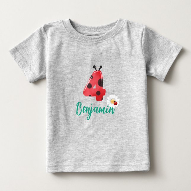 Cute red Polka dot Ladybug 4th Birthday party name Baby T-Shirt (Front)