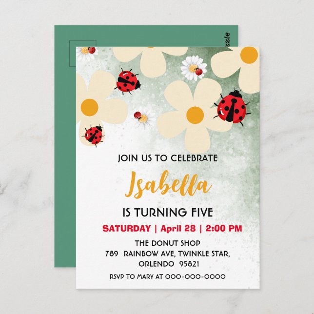 Cute red Polka dot Ladybug Daisy Flower Birthday  Postcard (Front/Back)