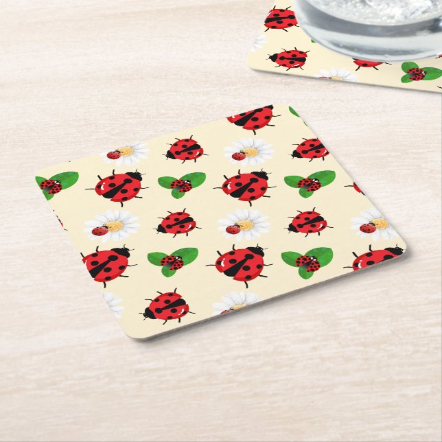 Cute red polka dot Ladybug Daisy flower summer Square Paper Coaster (Angled)
