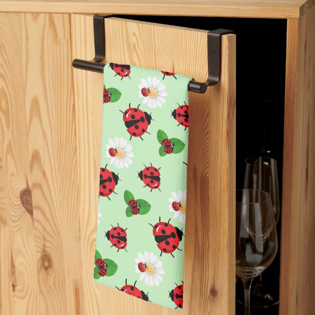 Cute red polka dot Ladybug Daisy flower summer Tea Towel (Thirds Fold)
