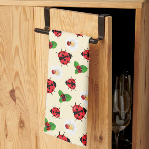 Cute red polka dot Ladybug Daisy flower summer Tea Towel
