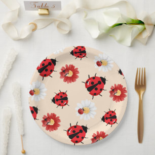 Cute red polka dot Ladybug flower summer Girly Paper Plate