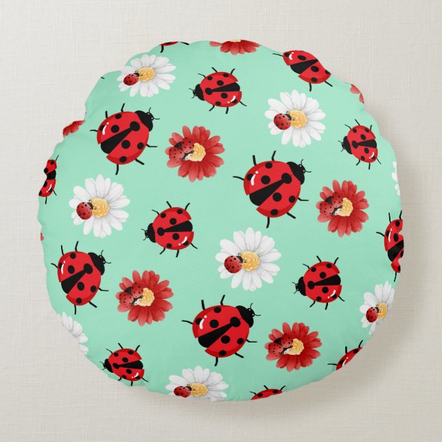 Cute red polka dot Ladybug flower summer Girly Round Cushion (Front)