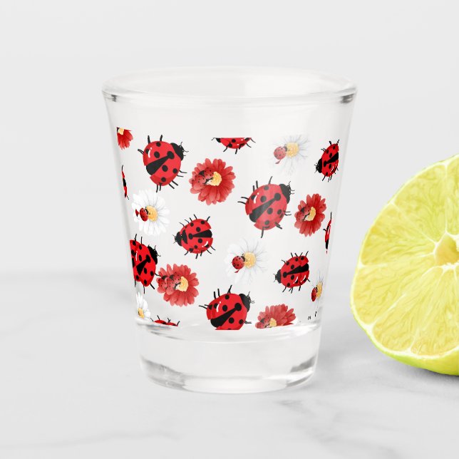 Cute red polka dot Ladybug flower summer Girly Shot Glass (Front)