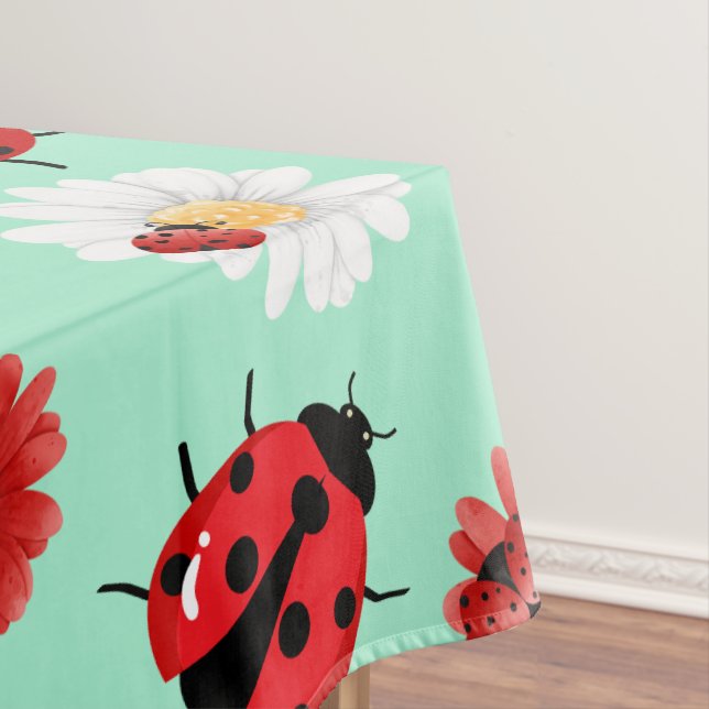 Cute red polka dot Ladybug flower summer Girly Tablecloth (In Situ)