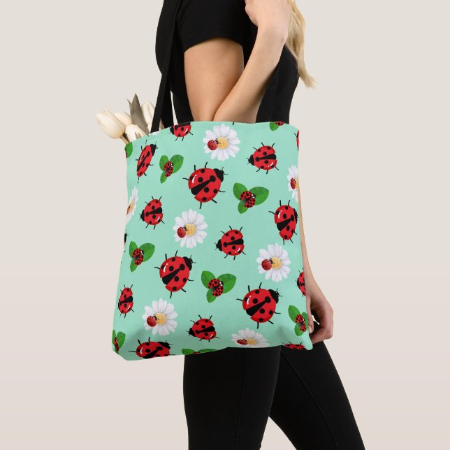 Cute red polka dot Ladybug flower summer Girly Tote Bag (Close Up)