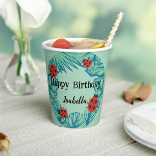 Cute red Polka dot Ladybug Jungle Leaf Birthday  Paper Cups